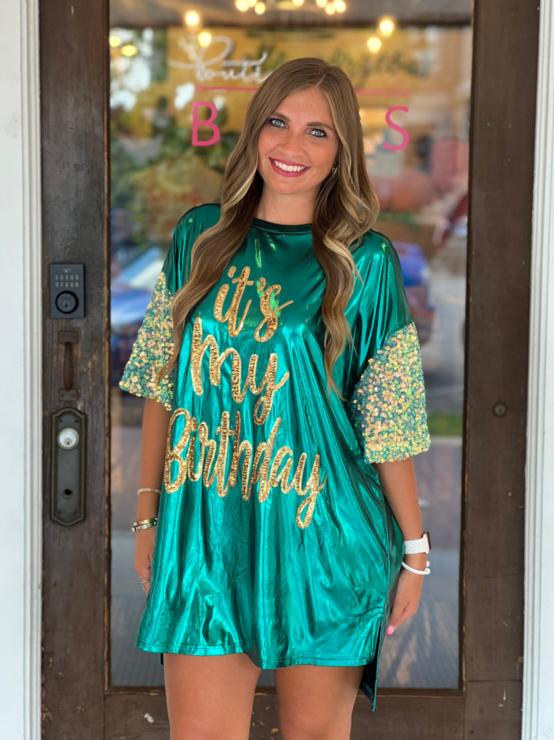 Birthday Sequin Shirt Dress Turquoise