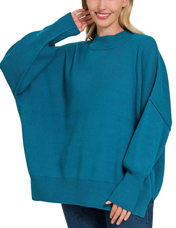 Side Slit Oversized Sweater Ocean Teal