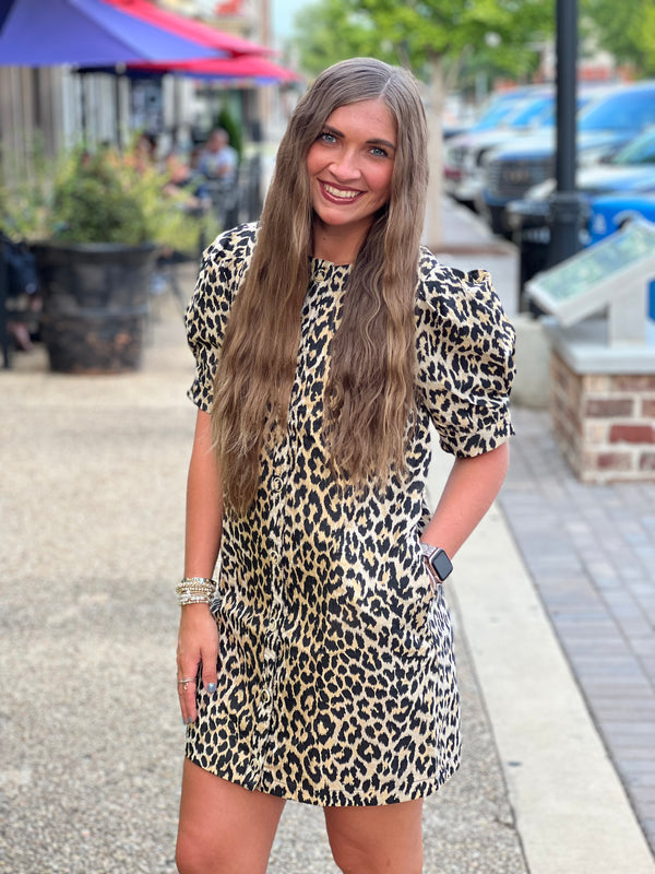 Leopard Pattern Pleated Mini Dress Taupe