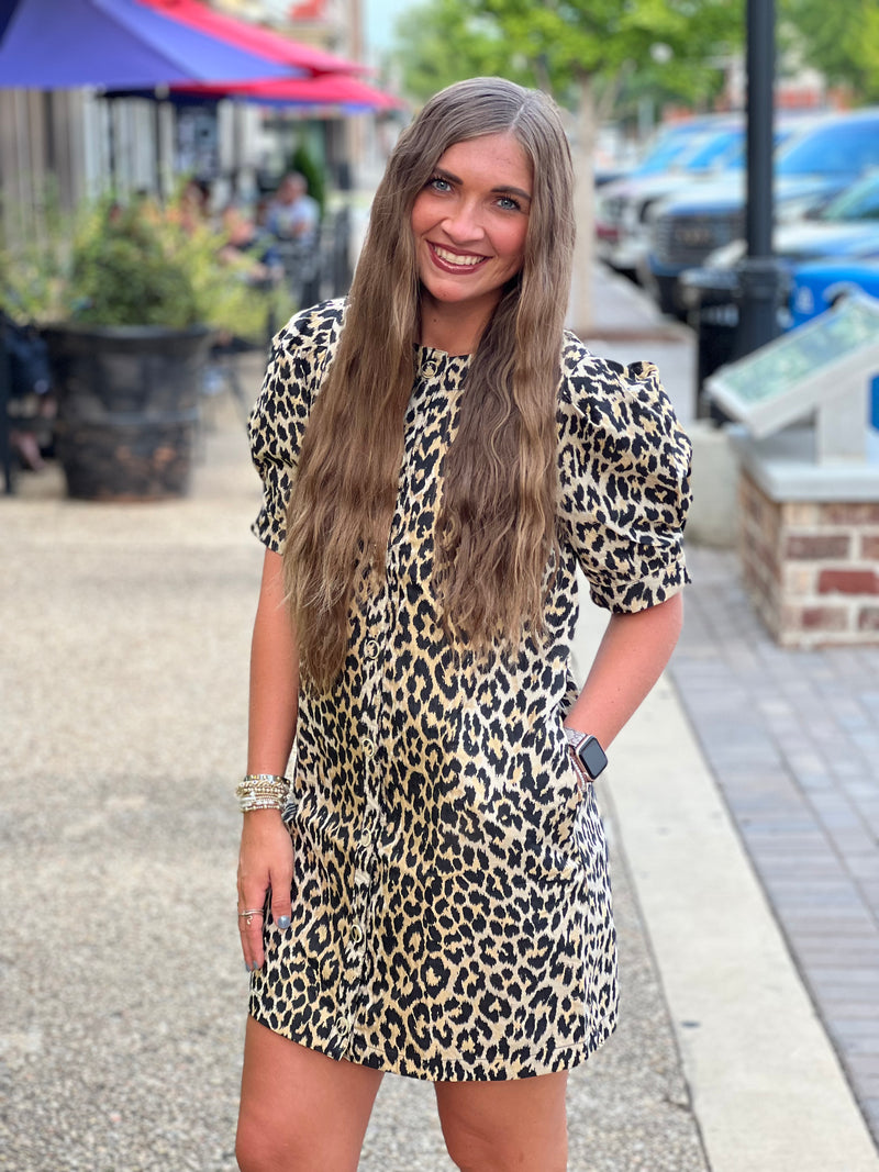 Leopard Pattern Pleated Mini Dress Taupe