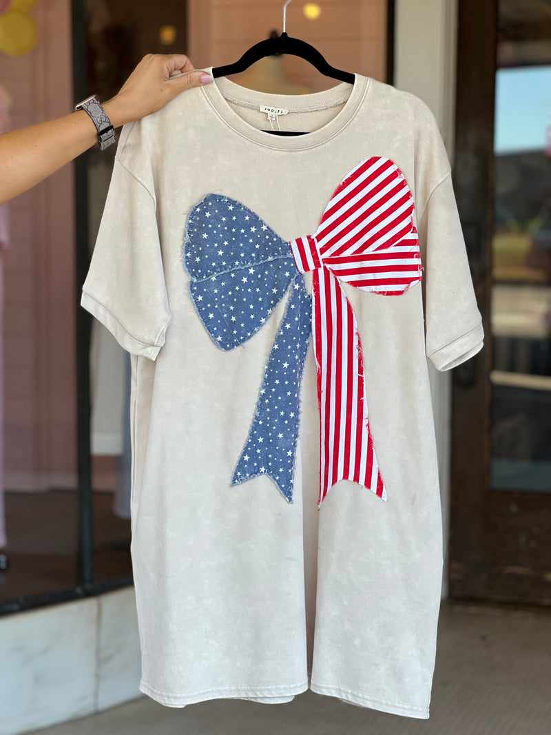 America Flag Bow Graphic Dress Ecru