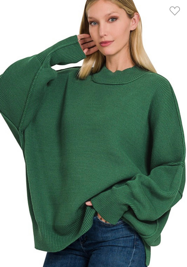 Side Slit Oversized Sweater Dark Green
