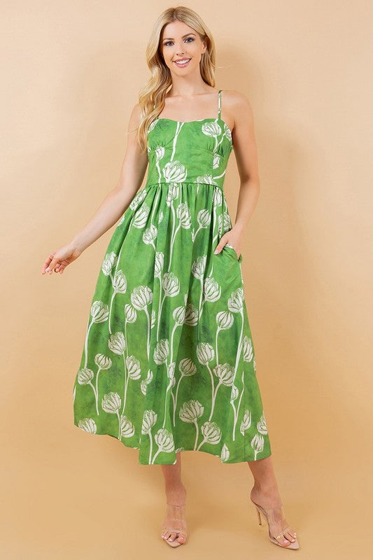 Floral Print Sleeveless A-Line Dress Green