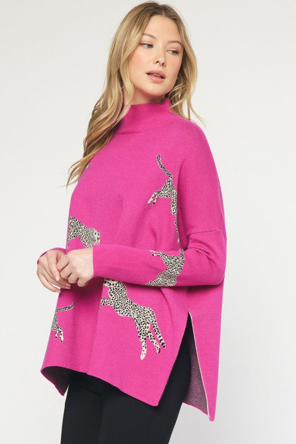 Cheetah Print Mock Neck Sweater Top Hot Pink