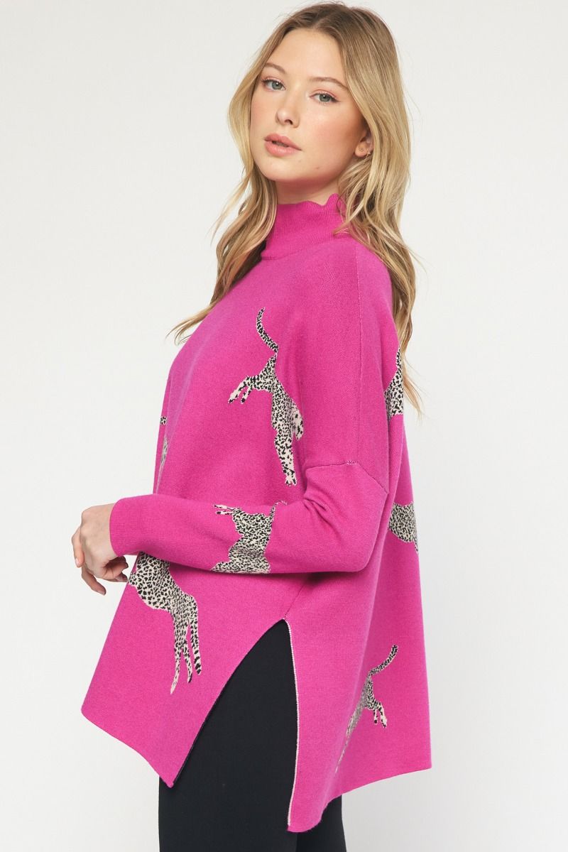 Cheetah Print Mock Neck Sweater Top Hot Pink