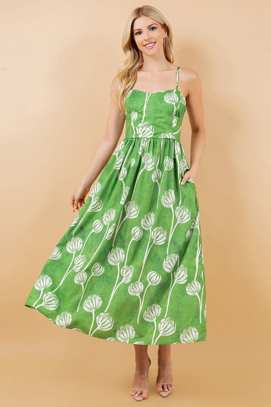 Floral Print Sleeveless A-Line Dress Green