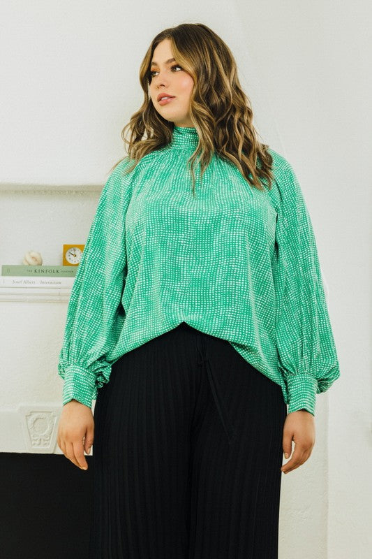 Dotted Print High Neckline Top Kelly Green