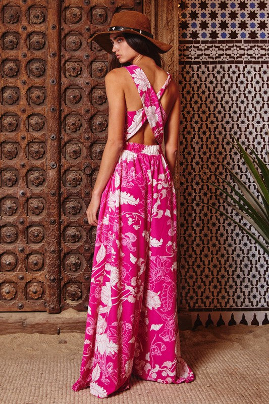 Cross Over The Open Back Floral Jumpsuit Pink