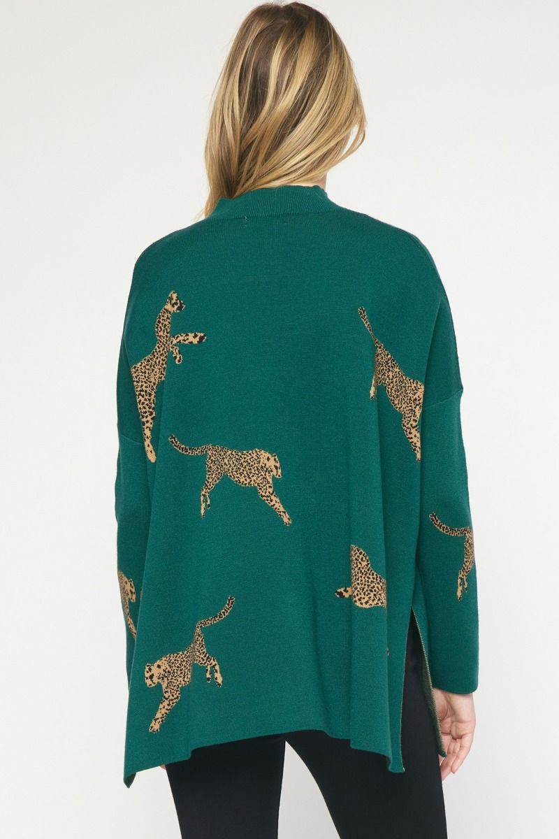 Cheetah Print Mock Neck Sweater Top H. Green