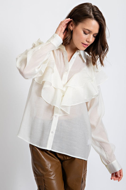 Silky Voile Button Down Blouse Top Ivory