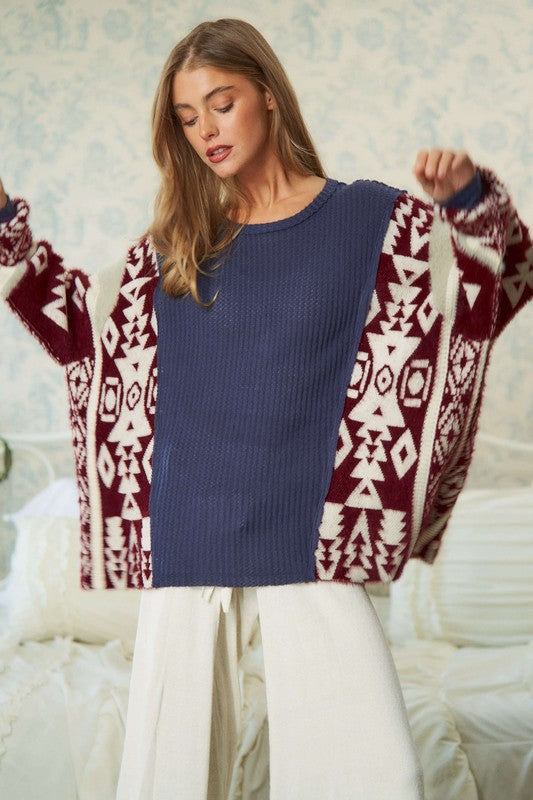 Printed Round Neck Loose Fit Sweater Navy Multi