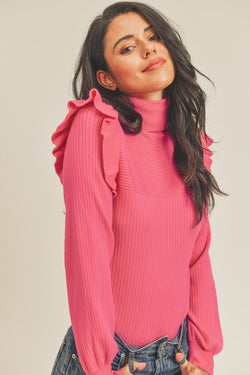 Shoulder Ruffle Turtleneck Sweater Pink