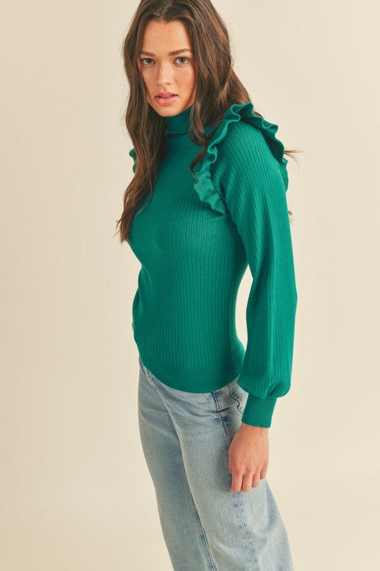 Shoulder Ruffle Turtleneck Sweater Alpine Green