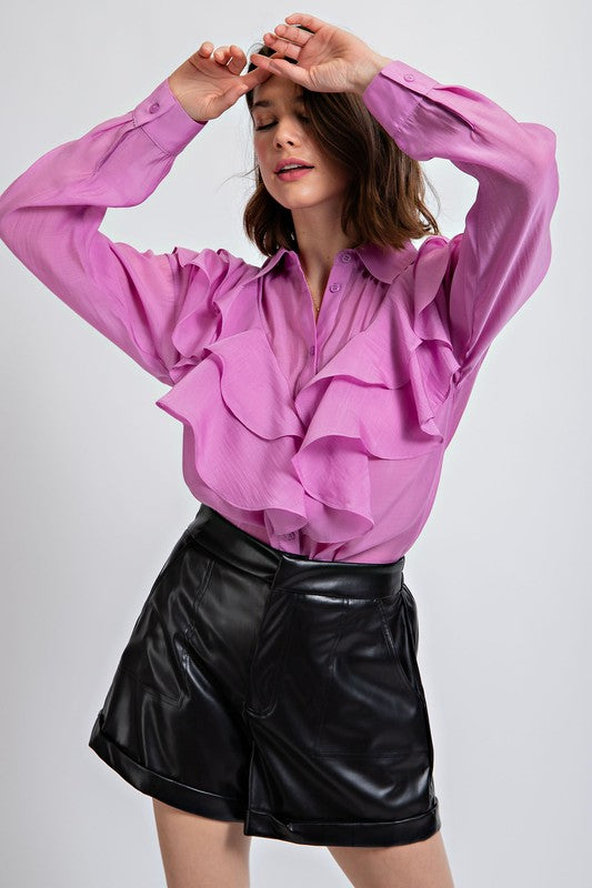 Silky Voile Button Down Blouse Top Lilac Rose