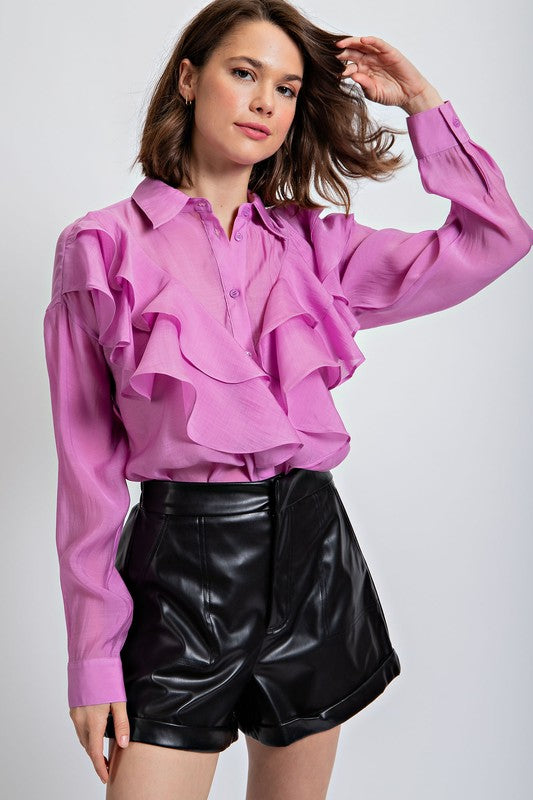 Silky Voile Button Down Blouse Top Lilac Rose