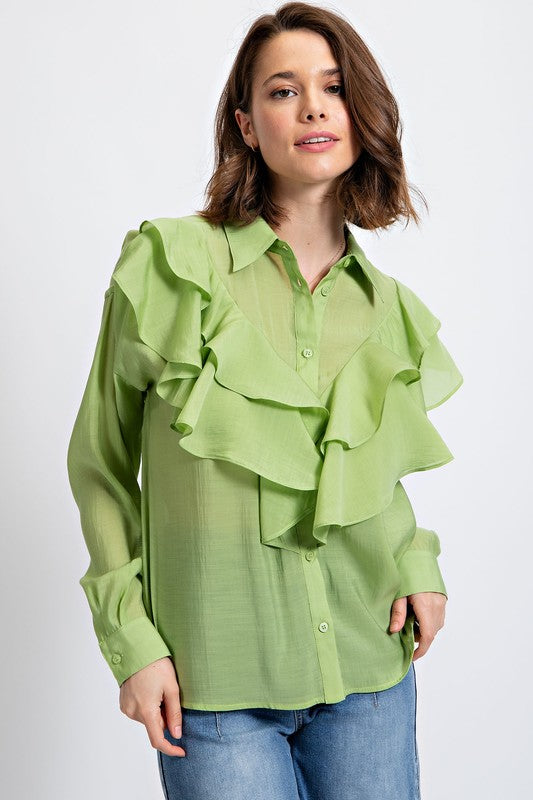 Silky Voile Button Down Blouse Top Sage