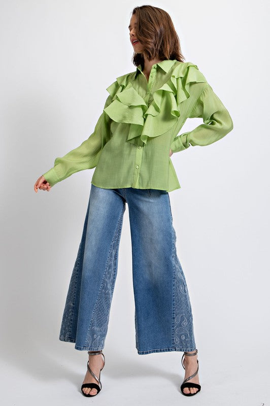 Silky Voile Button Down Blouse Top Sage