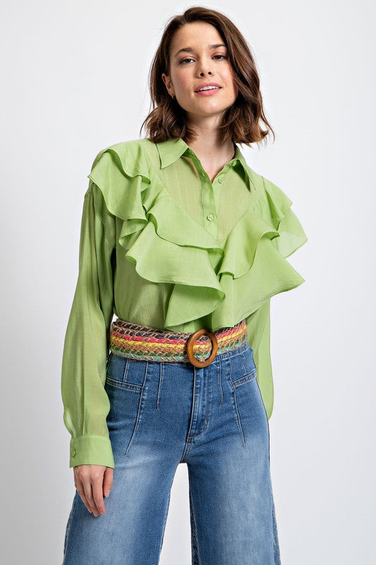 Silky Voile Button Down Blouse Top Sage