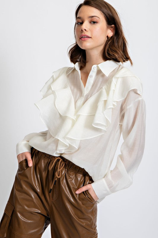Silky Voile Button Down Blouse Top Ivory