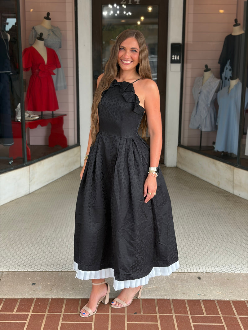 black midi ruffle dress Mac Duggal Cap Sleeve Tiered Ruffle hemline Elegant Jacquard Ruffle Midi Dress
