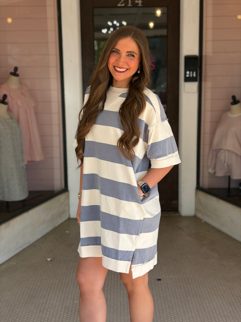 Rugby Stripe Washed Terry Dress Blue