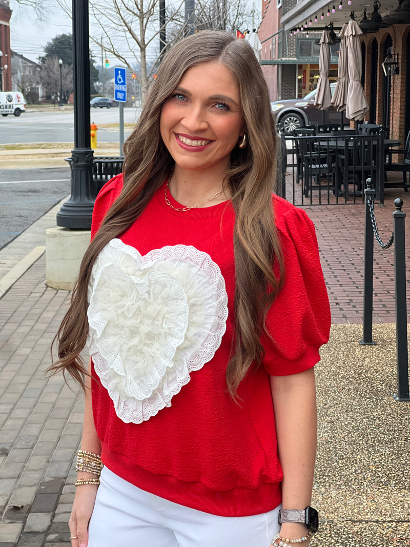 Lace Heart Puff Sleeve Top Red - Southern Fashion Boutique Bliss