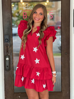 Poplin Ruffle Sleeve Star Sequin Dress Crimson