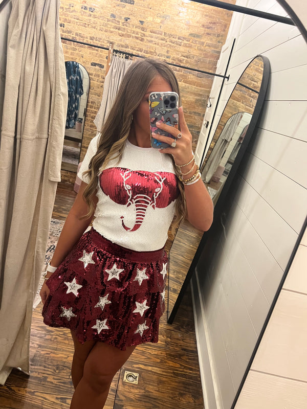 Star Sequins Game Day Mini Skirt Maroon