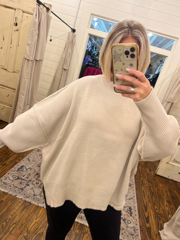 Side Slit Oversized Sweater Beige