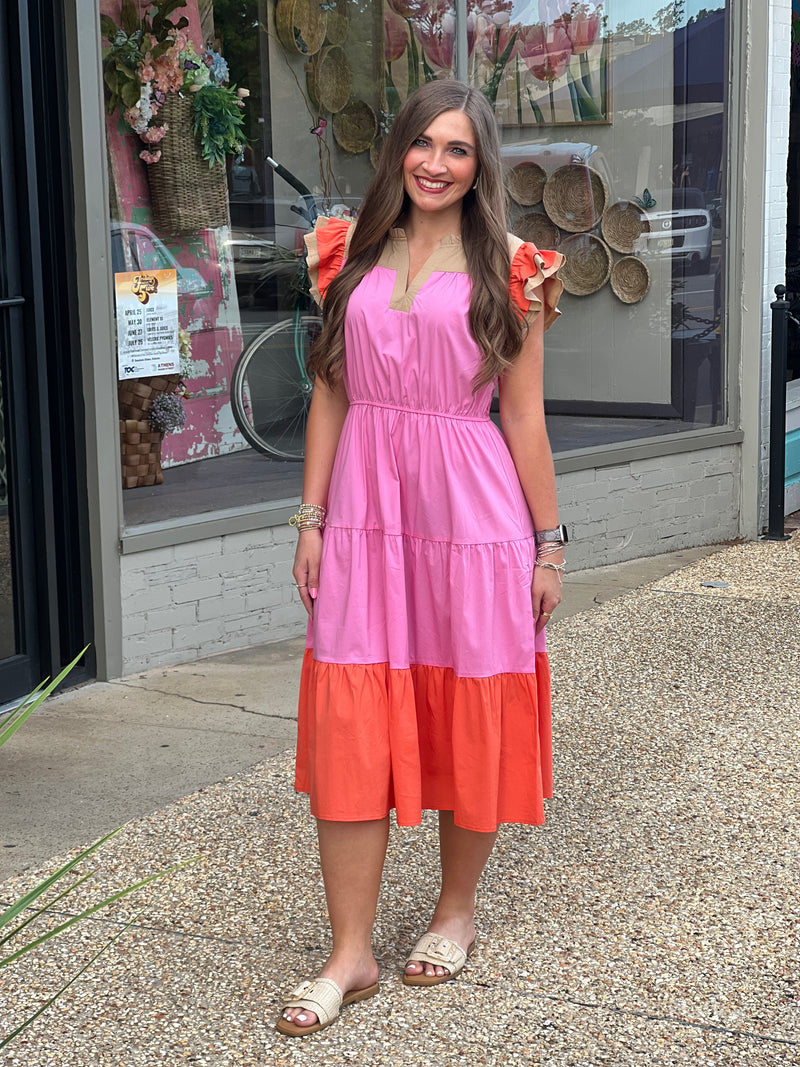 Multi Stitched Placket Poplin Dress Pink