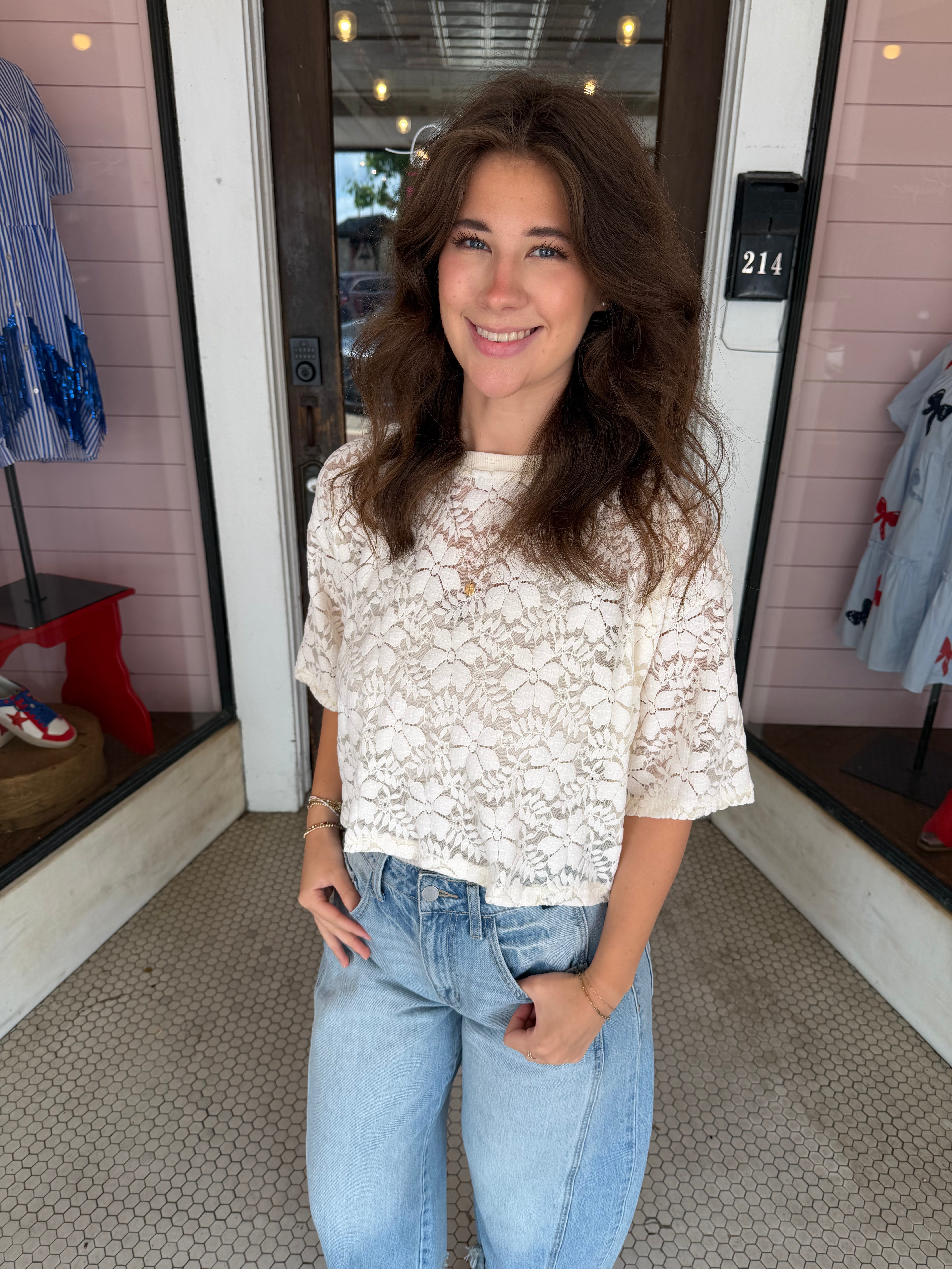 Boxy Floral Lace Knit Top Cream - Southern Fashion Boutique Bliss