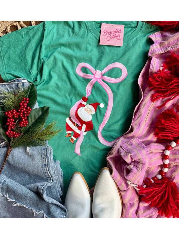 Bow Hanging Santa Tee Green