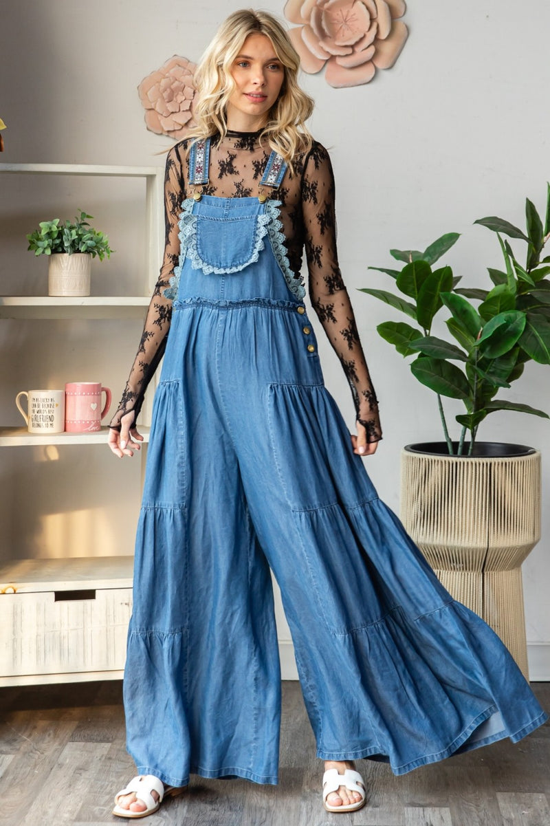Embroidered Flowy Jumpsuit Medium Denim