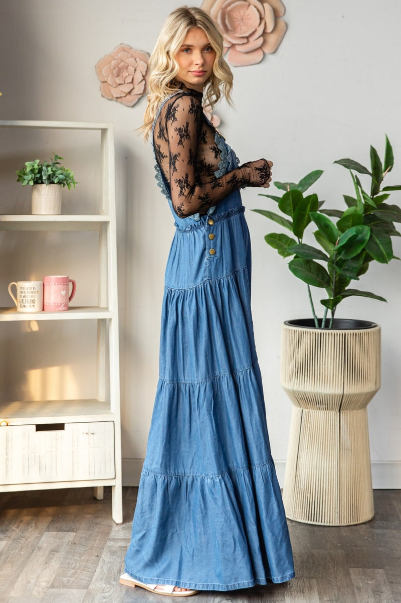 Embroidered Flowy Jumpsuit Medium Denim
