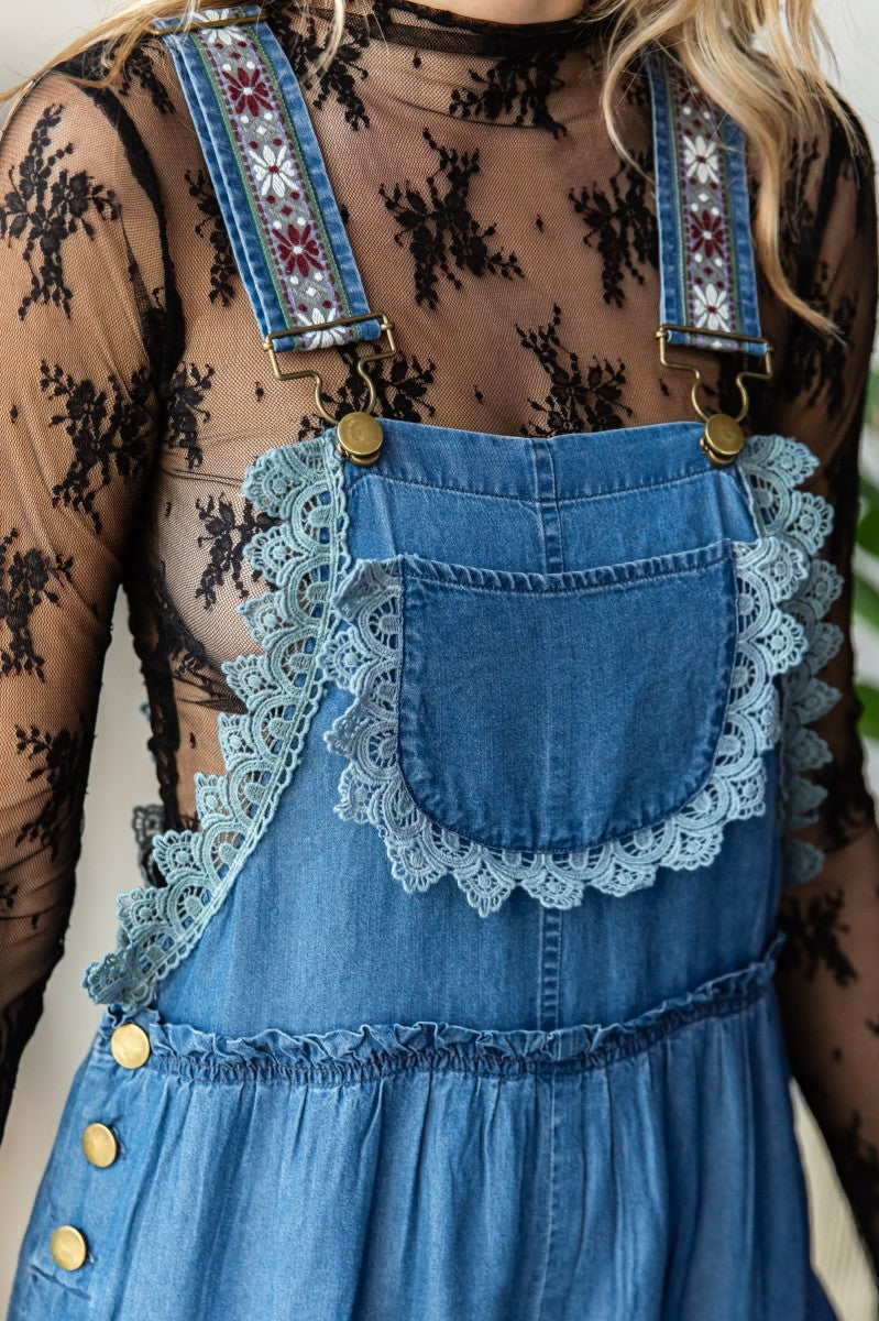 Embroidered Flowy Jumpsuit Medium Denim