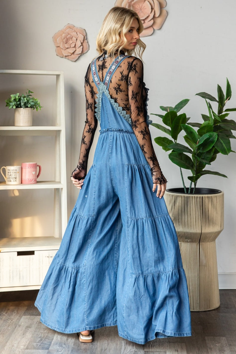 Embroidered Flowy Jumpsuit Medium Denim