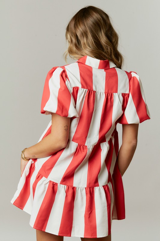 Stripe Print Tiered Mini Dress Red