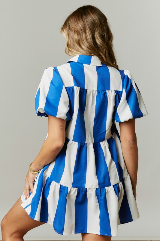 Stripe Print Tiered Mini Dress Blue