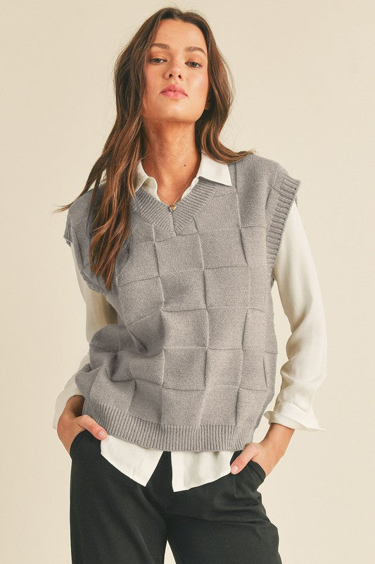 Knit Basket Weave Sweater Vest Heather Grey