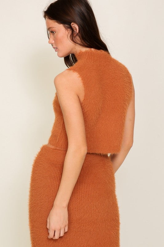 Fuzzy Knit Sweater Skirt Top Set Camel