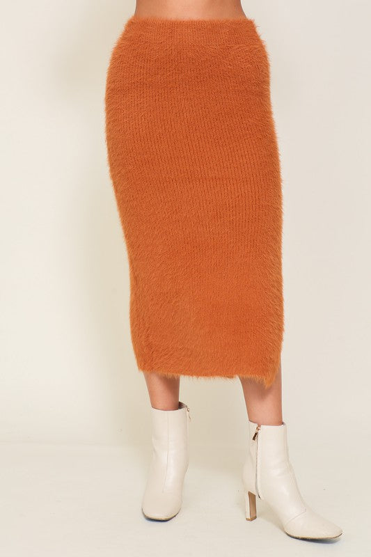 Fuzzy Knit Sweater Skirt Top Set Camel