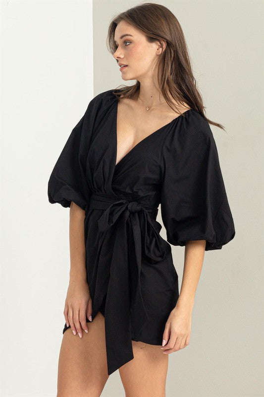 Tie Front Wrap Mini Dress Black