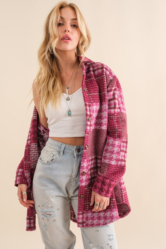 Yarn Dyed Brushed Plaid Shacket Fuchsia
