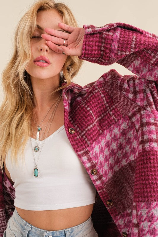 Yarn Dyed Brushed Plaid Shacket Fuchsia