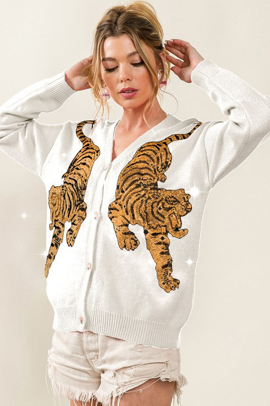 Tiger Sequin Patch Sweater Cardigan Ivory/Gold