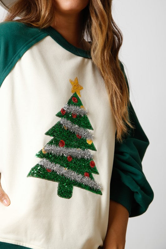 Color Block Sequin Christmas Sweatshirt Green
