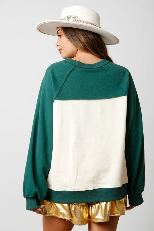 Color Block Sequin Christmas Sweatshirt Green