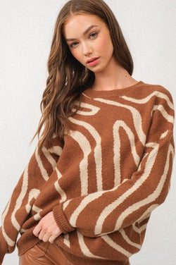 Wave Print Oversized Sweater Top Beige/Brown