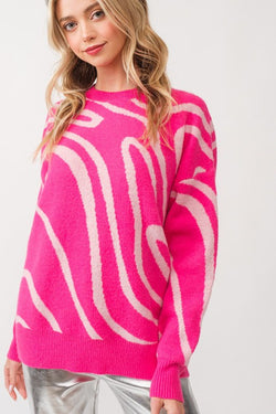 Wave Print Oversized Sweater Top Pink/Baby Pink