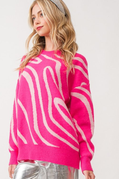 Wave Print Oversized Sweater Top Pink/Baby Pink